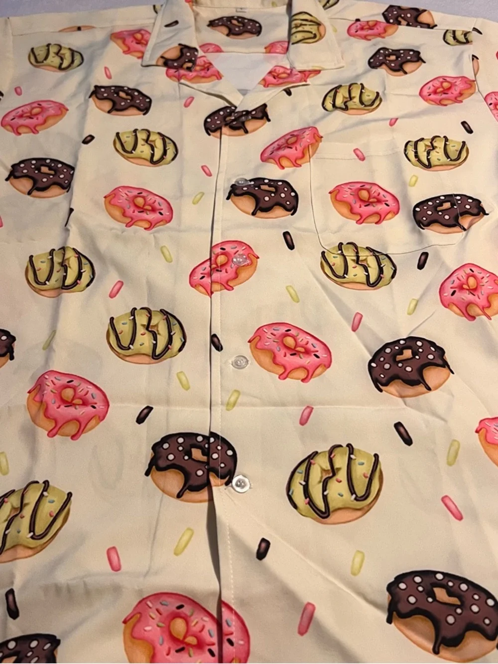 Fun Donut-Print Cream Top - Short Sleeve Shirt Size Large